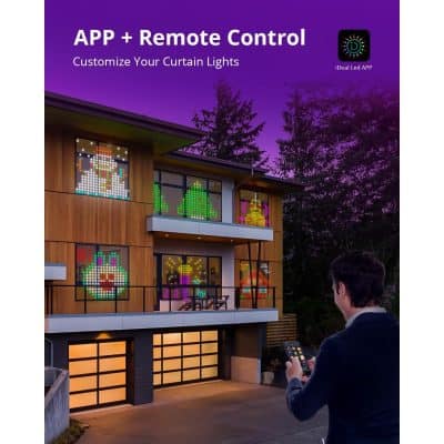 Colorful, animated pixel art LED window displays suitable for residential or commercial spaces.