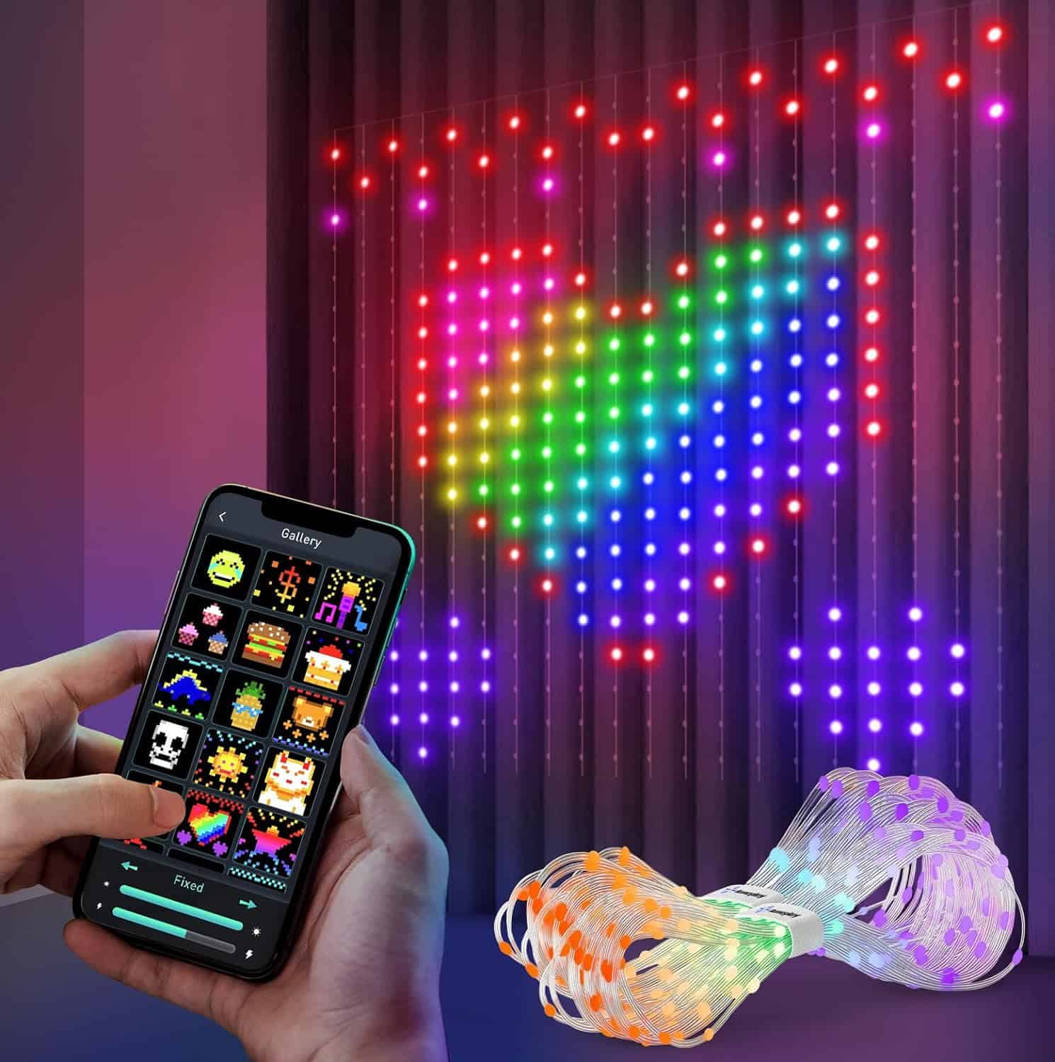 A person using a smartphone app to control vibrant LED heart-shaped wall lights, featuring a remote interface with pixel art icons for customizable lighting decoration.