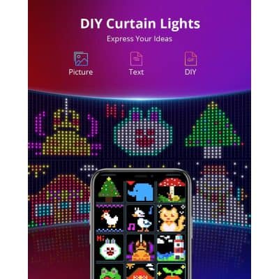 Colorful LED curtain lights perfect for DIY home decor, parties, and events with vibrant pixel art patterns. Ideal for customizing spaces or creating unique visual displays.
