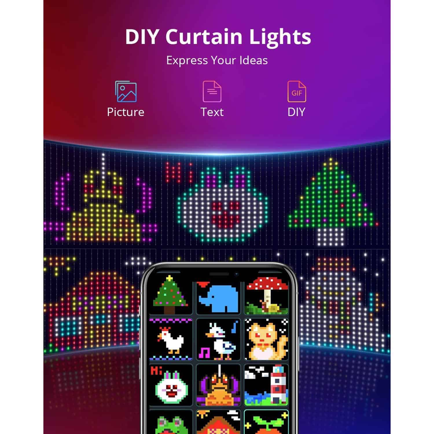 Colorful LED curtain lights perfect for DIY home decor, parties, and events with vibrant pixel art patterns. Ideal for customizing spaces or creating unique visual displays.