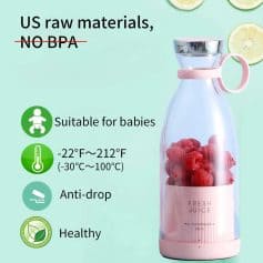 An image of a portable blender filled with raspberries, promoting healthy smoothies. Features eco-friendly, BPA-free materials suitable for infants, with temperature resistance from -22°F to 212°F.