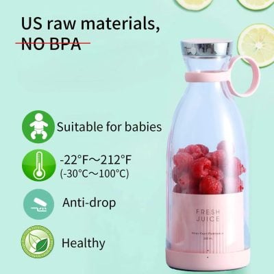 An image of a portable blender filled with raspberries, promoting healthy smoothies. Features eco-friendly, BPA-free materials suitable for infants, with temperature resistance from -22°F to 212°F.