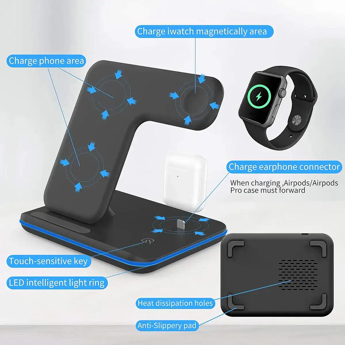 Ideal charging station for iPhones, AirPods, and Apple Watch with multiple charging areas and heat dissipation. Efficient, sleek design enhances device charging convenience.