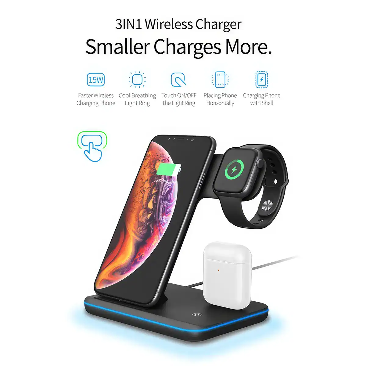 Elegant wireless charger for smartphones and smartwatches offering fast charging, touch ON/OFF light ring, and a modern design to keep your devices powered efficiently.