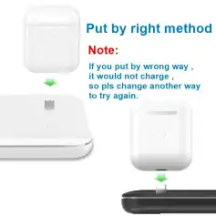 Image of a white wireless earbuds charging case with instructions for proper placement and charging.
