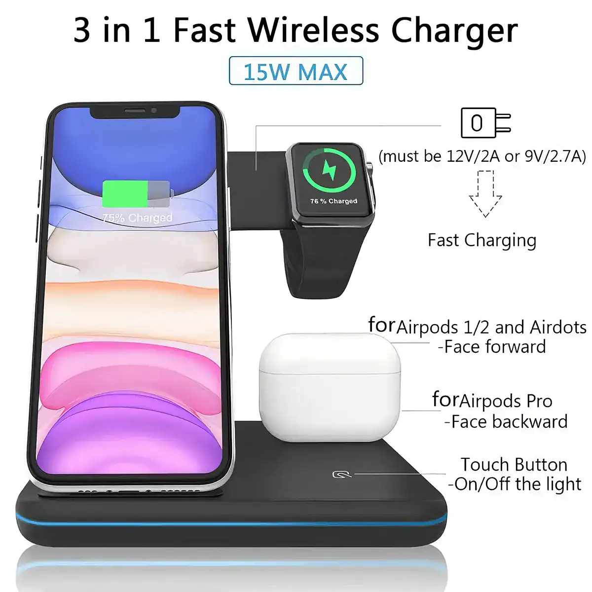 Efficient 3-in-1 wireless charger compatible with iPhone, AirPods, and Apple Watch for fast, cable-free charging. Perfect for Apple enthusiasts seeking sleek, all-in-one charging solutions.