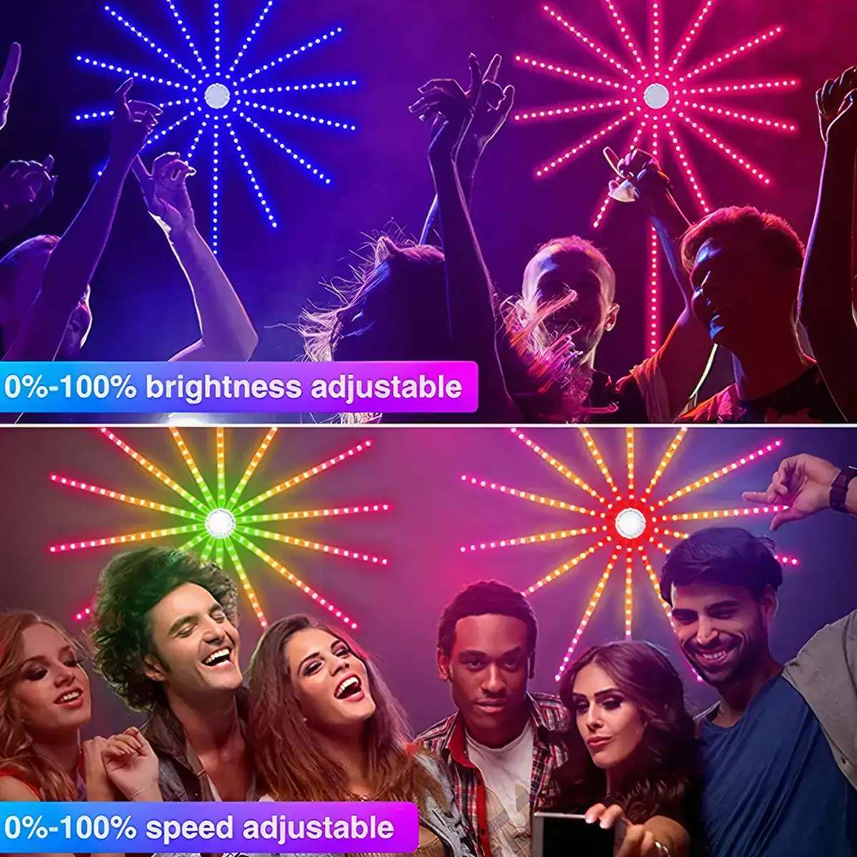 Colorful LED party lights with adjustable brightness and speed for vibrant celebrations and events. Perfect for creating energetic and fun atmospheres at gatherings, dance parties, and social occasions.