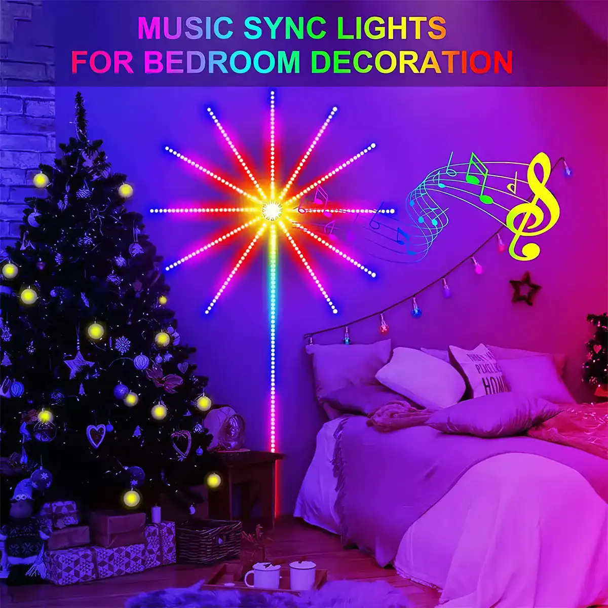 Vivid LED room lights synchronized with music, perfect for bedroom decor, Christmas, or parties. Bright neon colors enhance the festive atmosphere with star and musical note accents on a cozy bed setting.