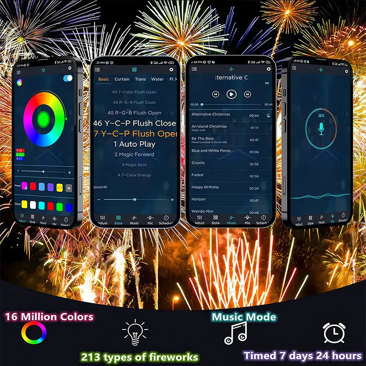 Smartphone app controlling fireworks and music synchronization.