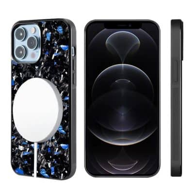 High-quality wireless charging case for iPhone 12 Pro, featuring a sleek black and blue design, compatible with fast wireless charging, perfect for modern mobile devices.