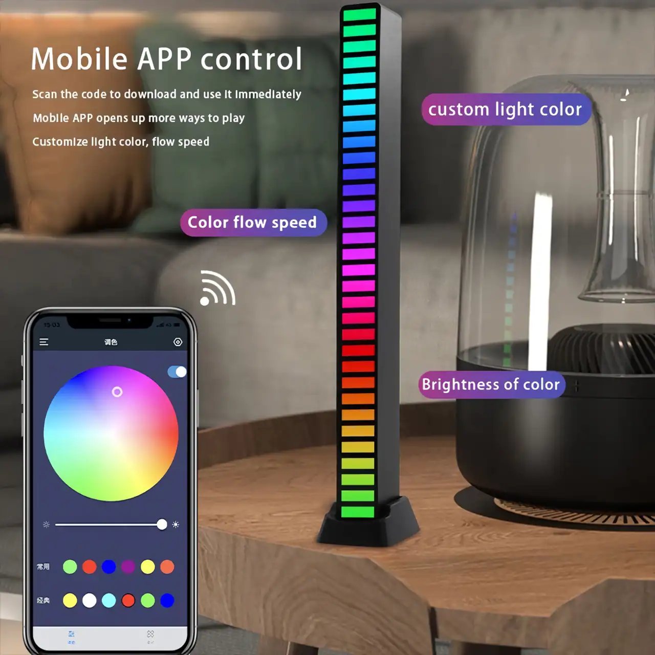 Wireless app-controlled LED desk lamp with customizable light color, flow speed, and brightness for optimal lighting ambiance. Compatible with smartphones for easy adjustments.