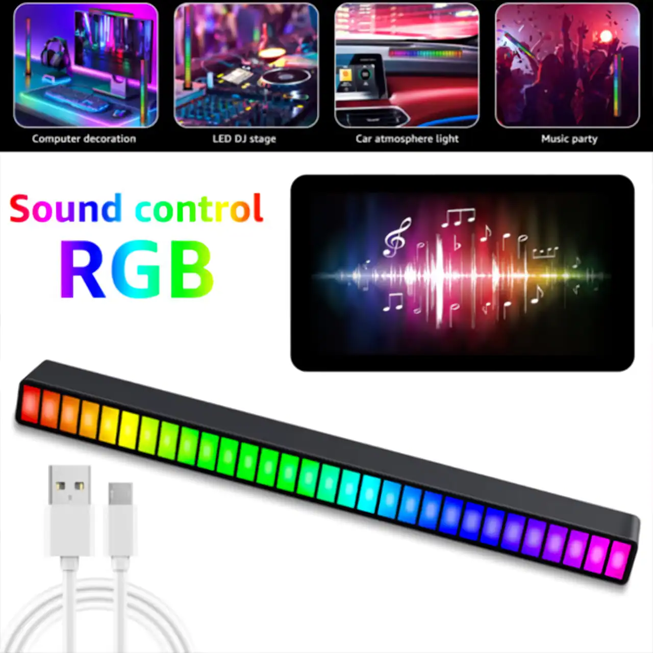 Colorful RGB music sound control LED strip for lighting decoration, suitable for parties, events, and entertainment setups.