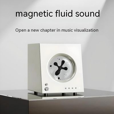 A modern white device with a circular display showing fluid dynamics, used for magnetic fluid sound therapy and vision improvement in optometry practices.