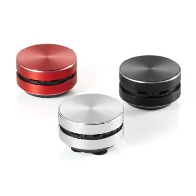 Stylish wireless Bluetooth speakers in red, black, and silver, offering high-quality sound and sleek design for audio needs. Perfect for travel, home, and outdoor use.