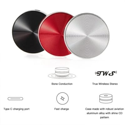 High-quality wireless stereo earbuds with bone conduction, Type C charging port, quick charge feature, and durable aluminum alloy case with shine CD pattern for enhanced audio experience.