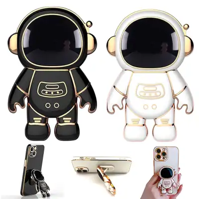 Cuddly space-themed toy with a glossy black and white astronaut design, perfect for kids and collectors, featuring a smartphone holder and stylish accessories for playful fun.