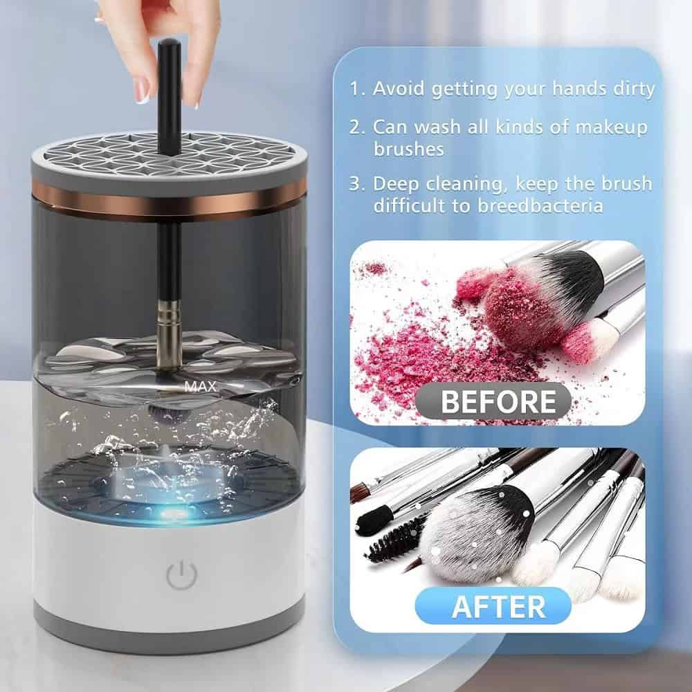 Makeup brush cleaner, automatic makeup brush washer, digital makeup brush cleaner, cosmetic brush cleaning device, professional makeup brush cleaner.