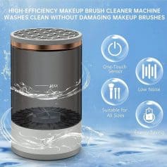 Efficient makeup brush cleaner machine, gentle on brushes, with one-touch sensor, low noise operation, suitable for all brush sizes, energy-saving and easy to use. Perfect for skincare and beauty routines.