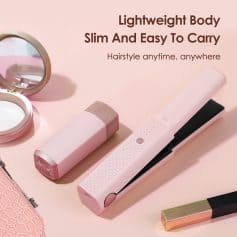 Portable pink hair straightener for quick styling; lightweight, slim design perfect for traveling, on-the-go hair styling anytime and anywhere.
