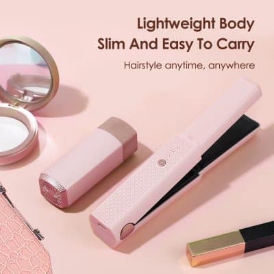Portable pink hair straightener for quick styling; lightweight, slim design perfect for traveling, on-the-go hair styling anytime and anywhere.
