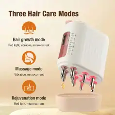 Optimum hair care machine with multiple modes including hair growth, massage, and rejuvenation using red light and microcurrent technology.