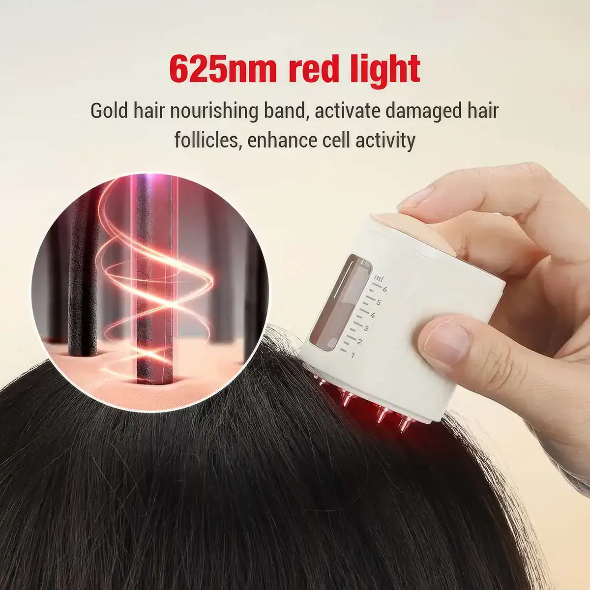 Device emitting 625nm red light targets scalp for hair growth and follicle activation. Enhance hair health and stimulate damaged follicles with safe, effective LED light treatment.