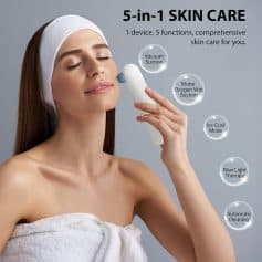 Skin care device for facial cleansing and rejuvenation with multiple functions including vacuum, water, ice, and blue light therapy.
