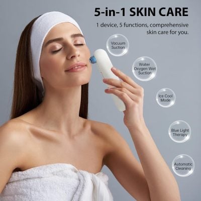 Skin care device for facial cleansing and rejuvenation with multiple functions including vacuum, water, ice, and blue light therapy.