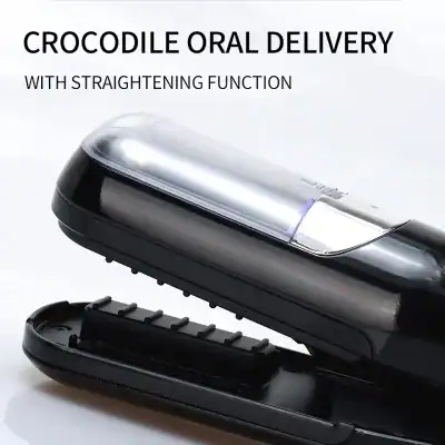 Close-up of a sleek, black teeth whitening and straightening device designed for efficient oral care delivery. The device features a modern, ergonomic design with a transparent cover for easy application and use.