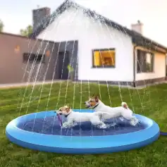 Outdoor dog splash fountain with water jets, backyard plastic pool, and playful puppies enjoying cool water. Perfect for pet fun and hydration on hot days.