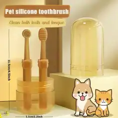 Soft pet toothbrush with silicone bristles and adorable animal face, designed to clean teeth and tongue effectively while being gentle on pets' gums.