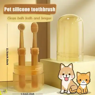 Soft pet toothbrush with silicone bristles and adorable animal face, designed to clean teeth and tongue effectively while being gentle on pets' gums.