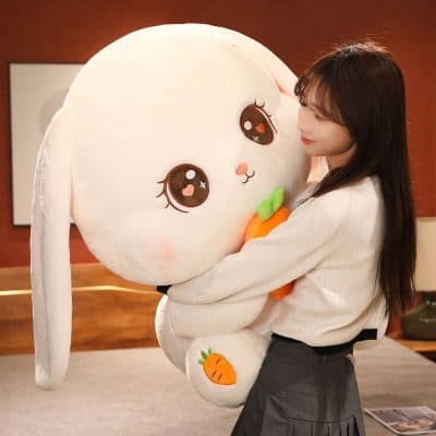 Adorable large bunny plush mascot, perfect for gifts, décor, and cuddling. Soft, huggable design with expressive eyes and carrot accents, ideal for children and plush toy enthusiasts.