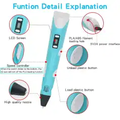 Compact digital pen with LCD screen, high-quality nozzle, and speed controller for precise 3D printing. Features a PLA/ABS filament loading hole, power interface, and ergonomic design.
