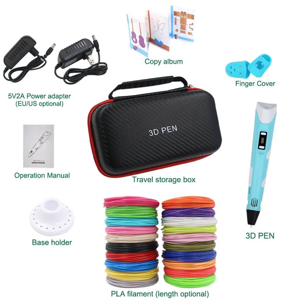 High-quality 3D pen for creative art and DIY projects. Includes travel case, PLA filaments, finger cover, power adapters, and operation manual for easy use and storage. Ideal for artists and hobbyists.