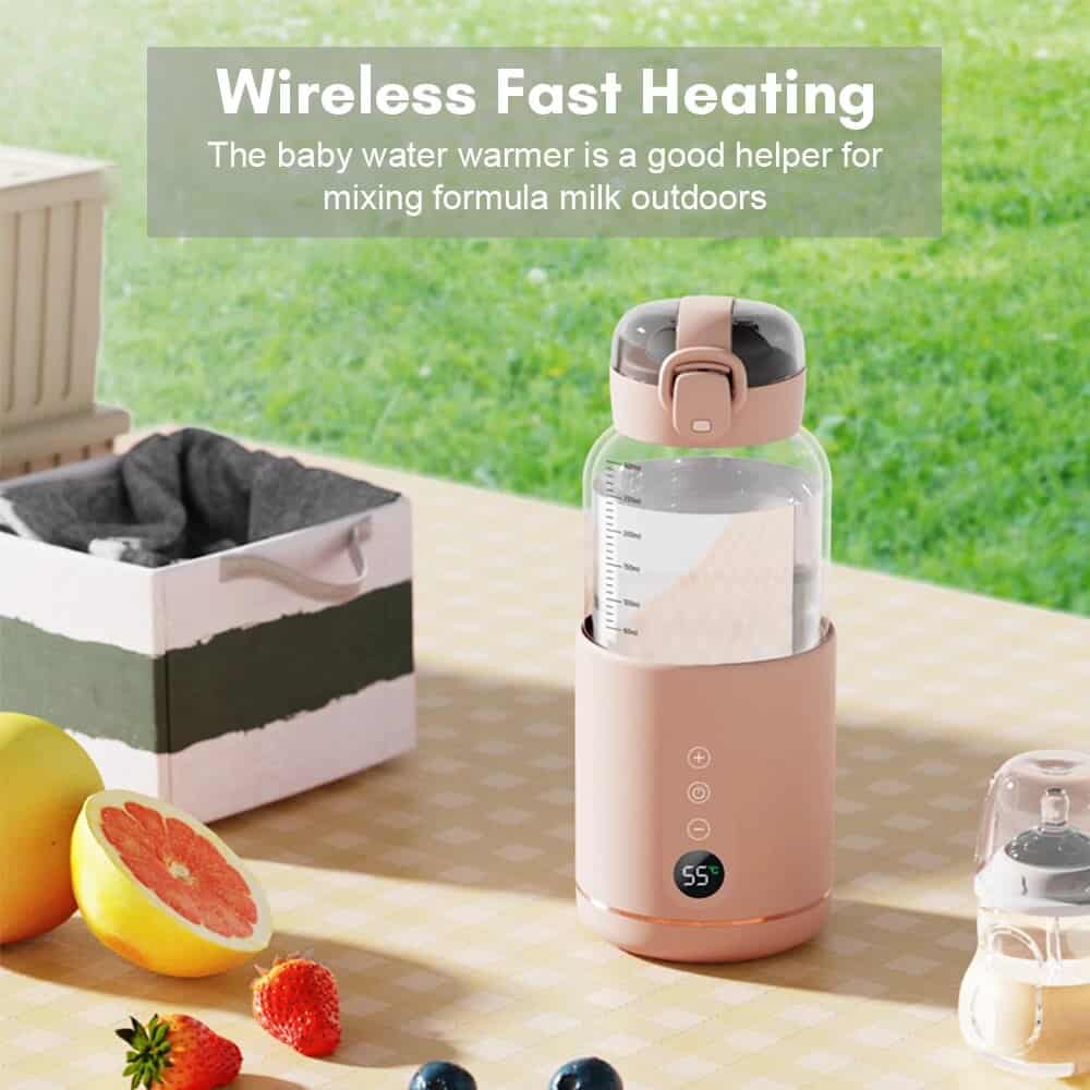 Portable wireless fast heating water warmer for outdoor use, ideal for mixing formula milk or outdoor activities, with adjustable temperature control.