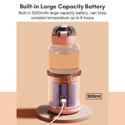 High-capacity 300ml water bottle with built-in 5200mAh battery, temperature control, perfect for daily hydration and portable use.