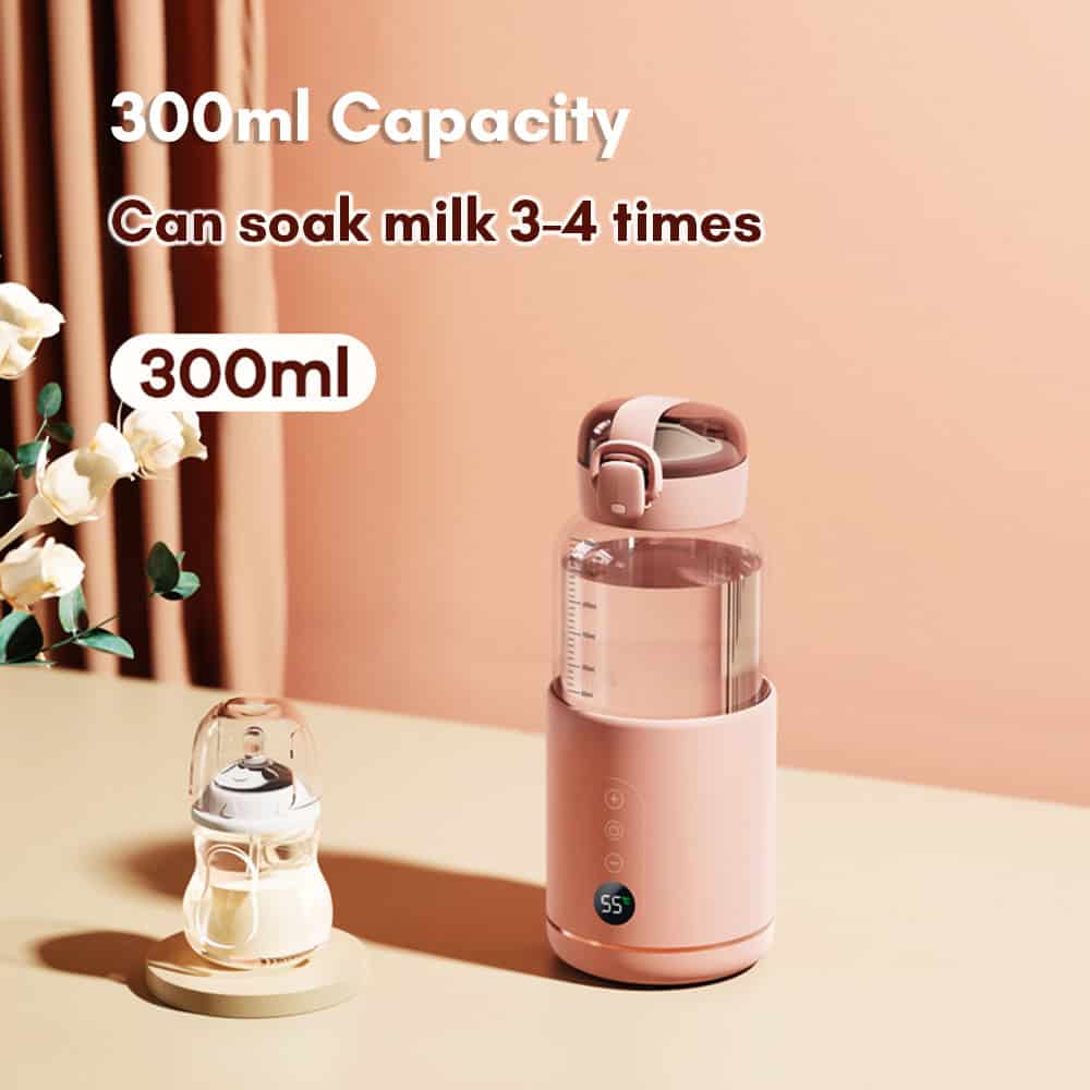 A stylish pink portable milk dispenser with 300ml capacity, suitable for heating and soacking milk 3-4 times, ideal for modern kitchen use.