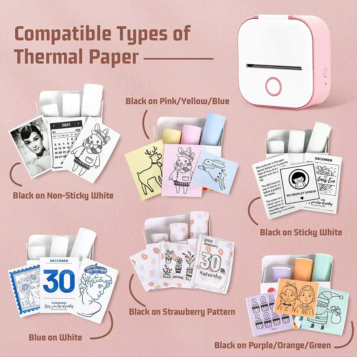 High-quality compatible thermal paper for printing tickets, receipts, or photos with vibrant color options and various patterns, ideal for medical and retail use.
