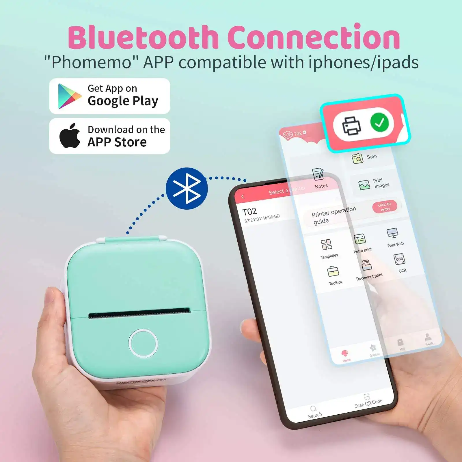 Bluetooth-enabled portable printer for iPhone and iPad, compatible with "Phomemo" app, ideal for medical documentation, printing images, and notes, with smartphone interface.