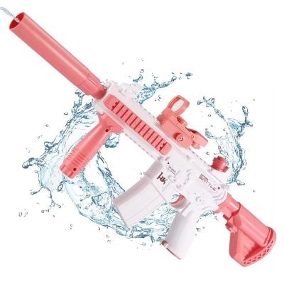 Bright pink and white water blaster with adjustable nozzle and durable design, perfect for outdoor water fights and summer fun.