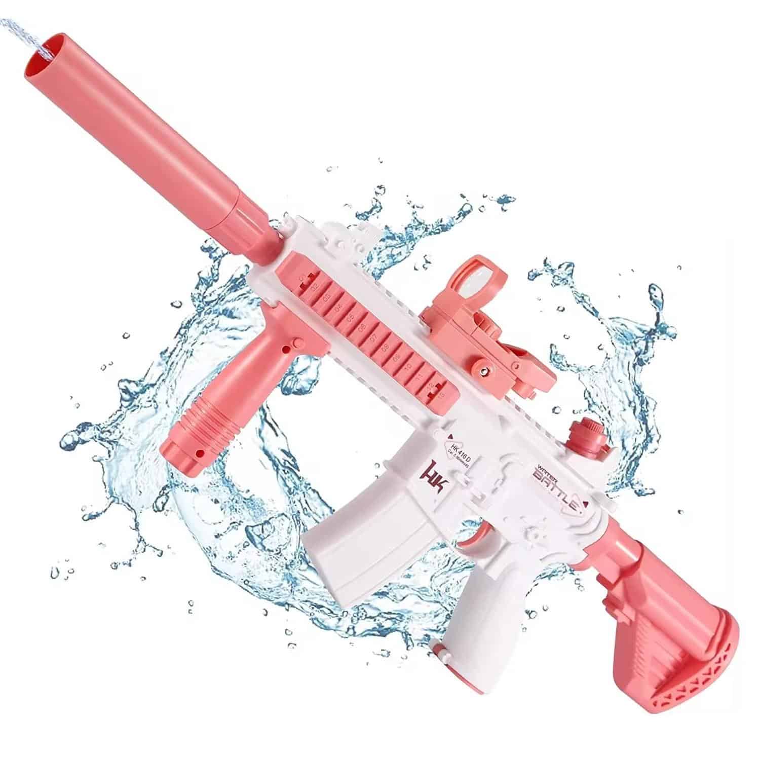 Bright pink and white water blaster with adjustable nozzle and durable design, perfect for outdoor water fights and summer fun.
