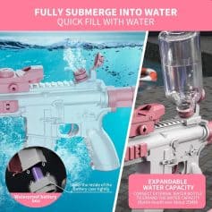 Bright pink and white water toy gun demonstrating fast water filling through a transparent water bottle attachment.