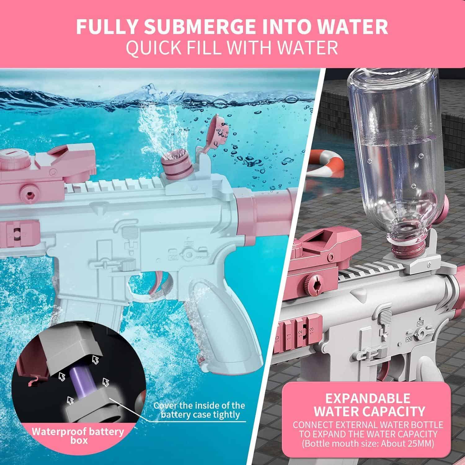 Bright pink and white water toy gun demonstrating fast water filling through a transparent water bottle attachment.