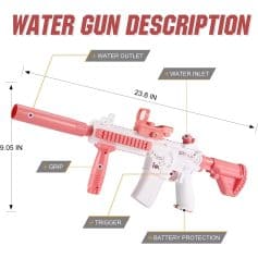 Colorful water gun toy with water inlet and outlet, designed for outdoor play, equipped with a trigger, grip, and safety features, ideal for children’s water fights and summer fun.