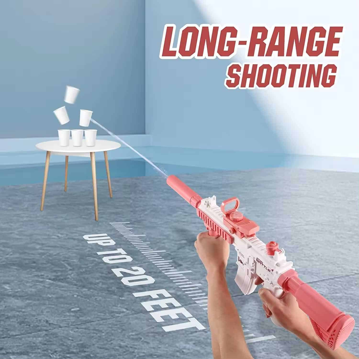 A person aims a pink toy sniper rifle at cups on a table, with a marked shooting range on the floor, in a simulated gaming environment. Perfect for shooting game enthusiasts and indoor target practice.