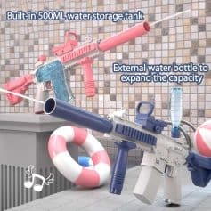 Bright colorful water guns with built-in 500ML water storage and external bottle for extra capacity, perfect for outdoor water play and summer fun.