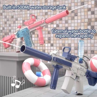 Bright colorful water guns with built-in 500ML water storage and external bottle for extra capacity, perfect for outdoor water play and summer fun.