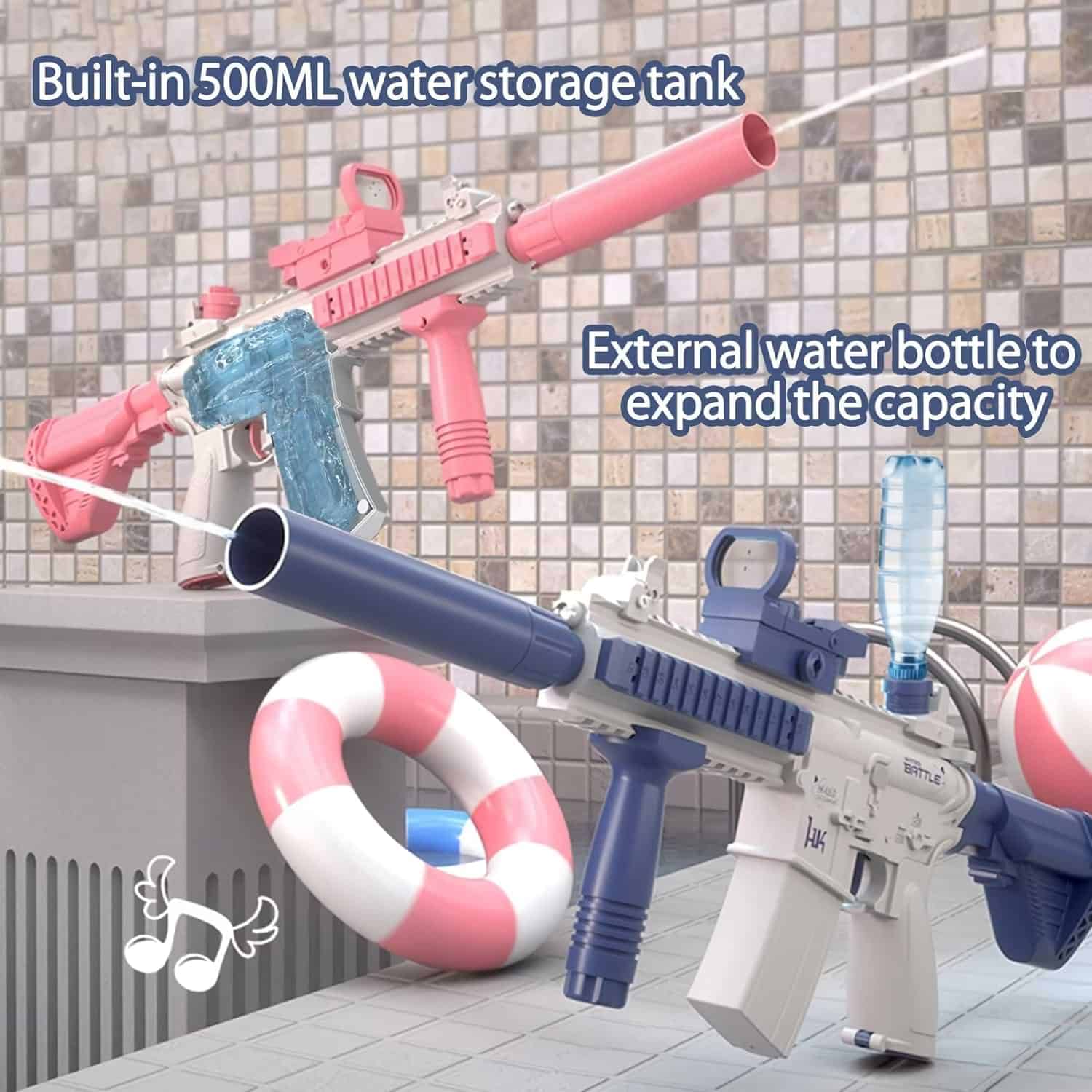 Bright colorful water guns with built-in 500ML water storage and external bottle for extra capacity, perfect for outdoor water play and summer fun.