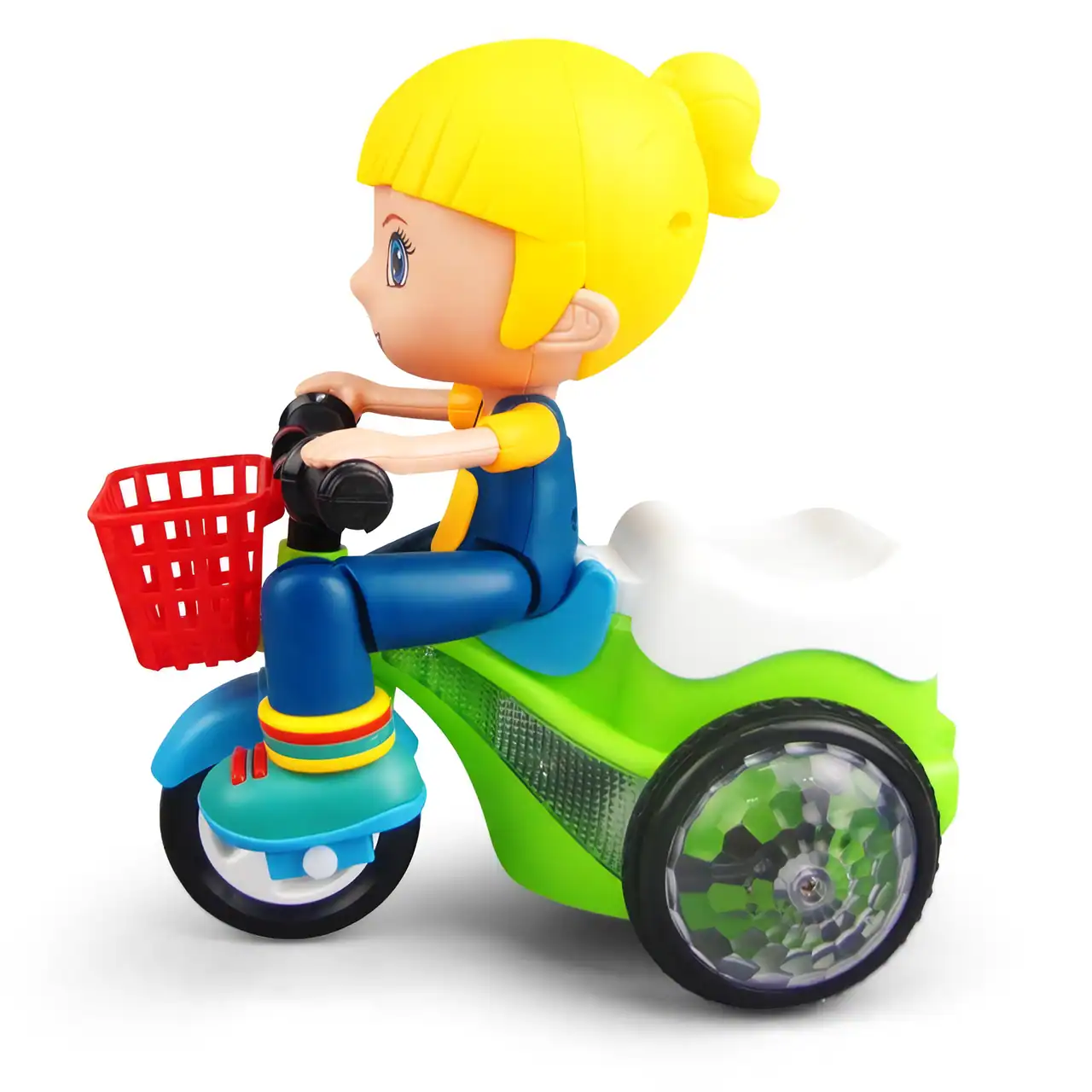 Colorful children's tricycle with a cheerful cartoon girl character, featuring a bright green body, blue outfit, yellow hair, and a red basket for fun outdoor rides.